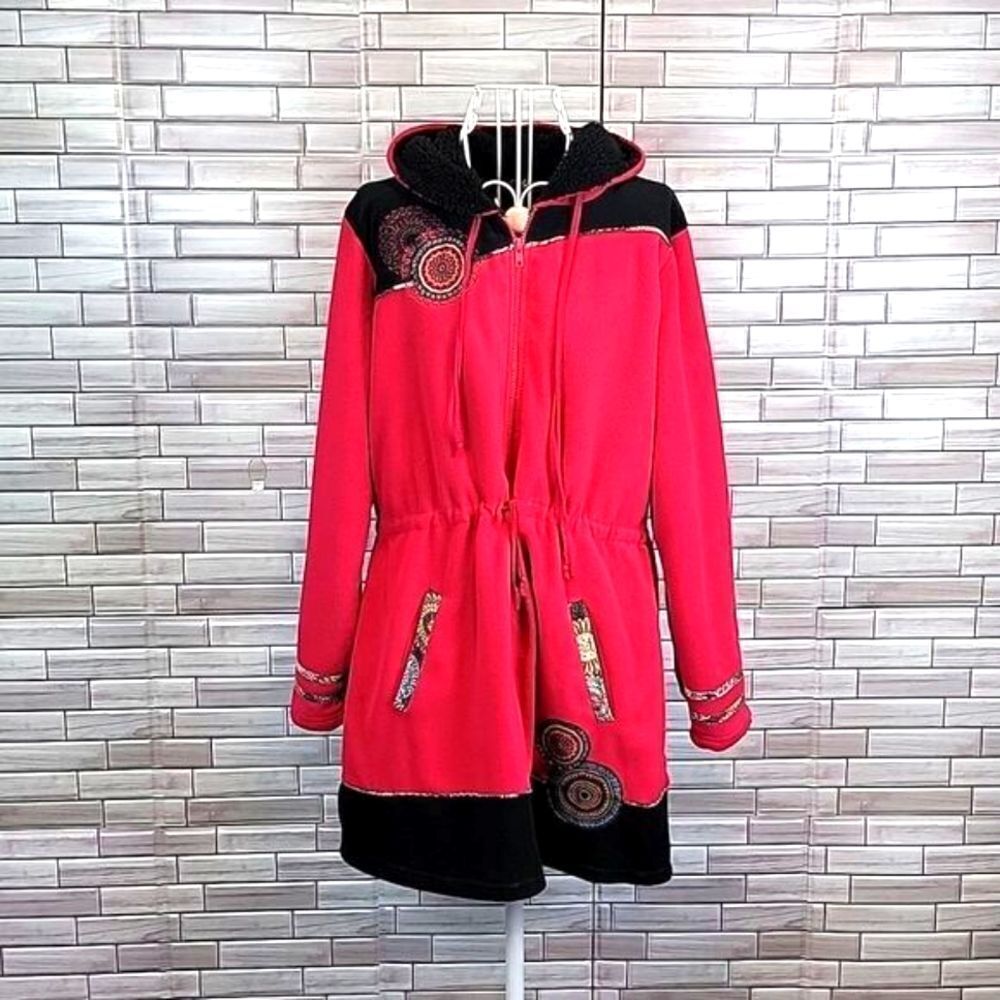 Coline fleece mid length jacket with patchwork accents Women's Size L
